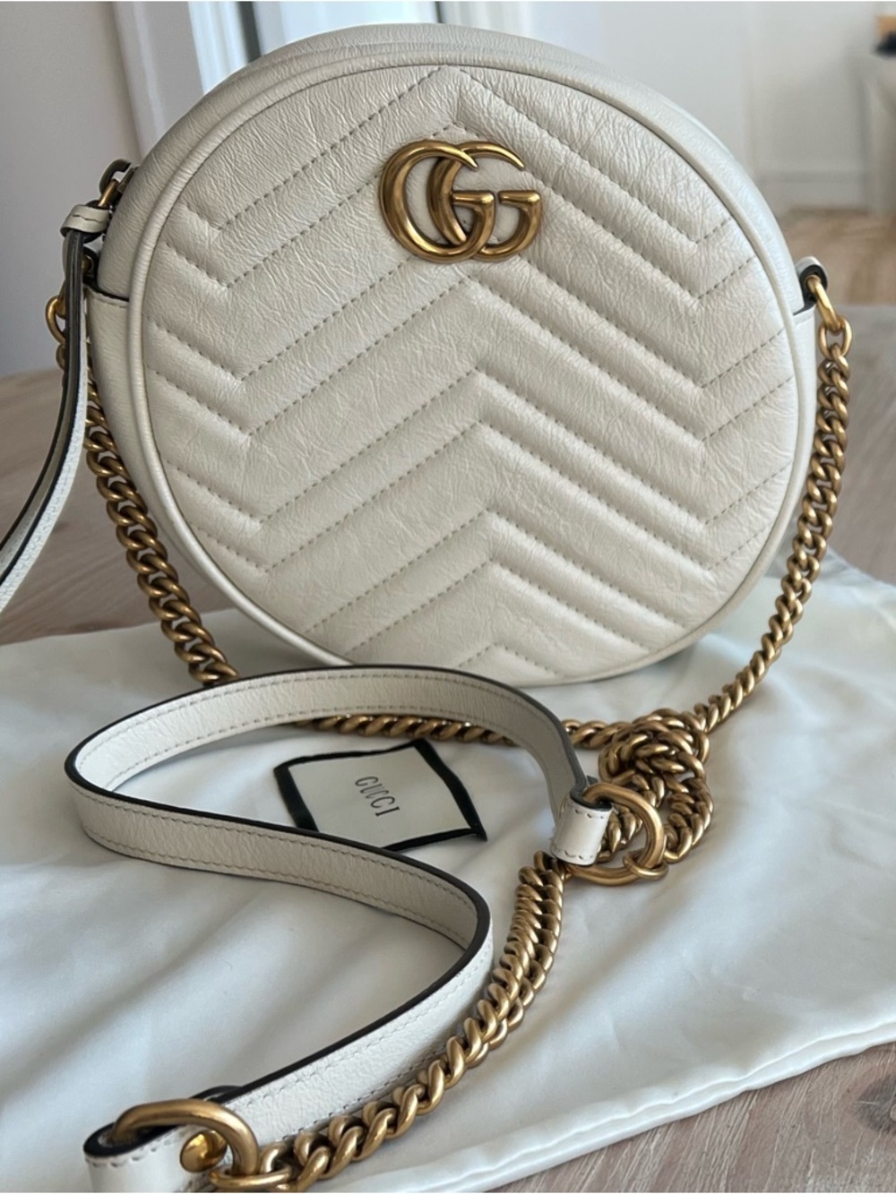 Gucci Calfskin Matelasse Mini GG Marmont Round Shoulder Bag White